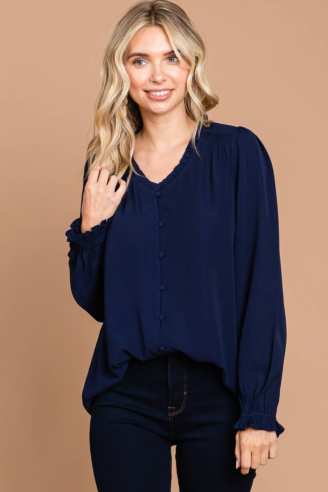 Women's Ruffle Detailed Neck Button Down Front Top