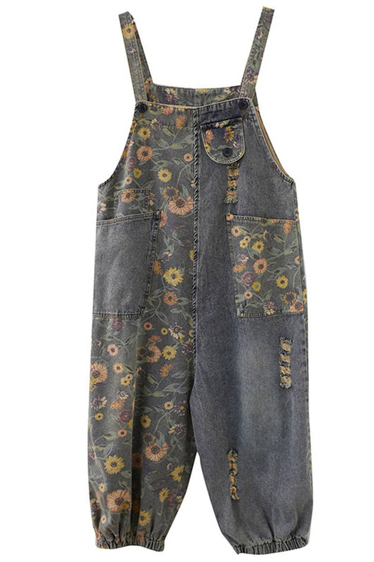Fall Floral Distressed Denim Overalls