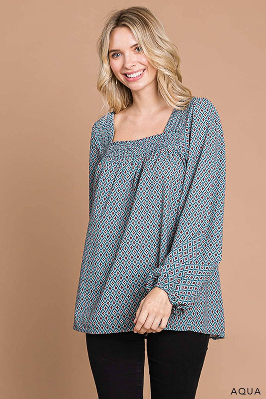 Boho Tile Print Smocking Neck Women's Top