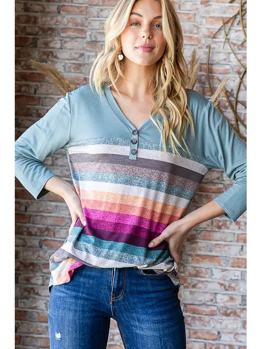 Colorful Striped Long Sleeve V-Neck Top