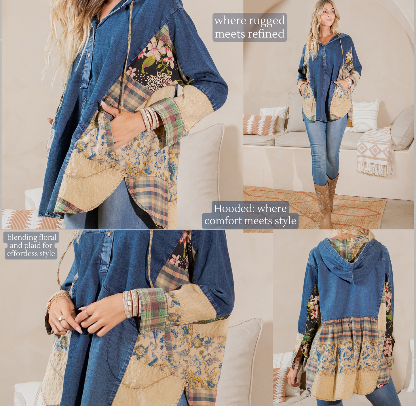 Western Boho Chic: Hooded High Low Patchwork Top