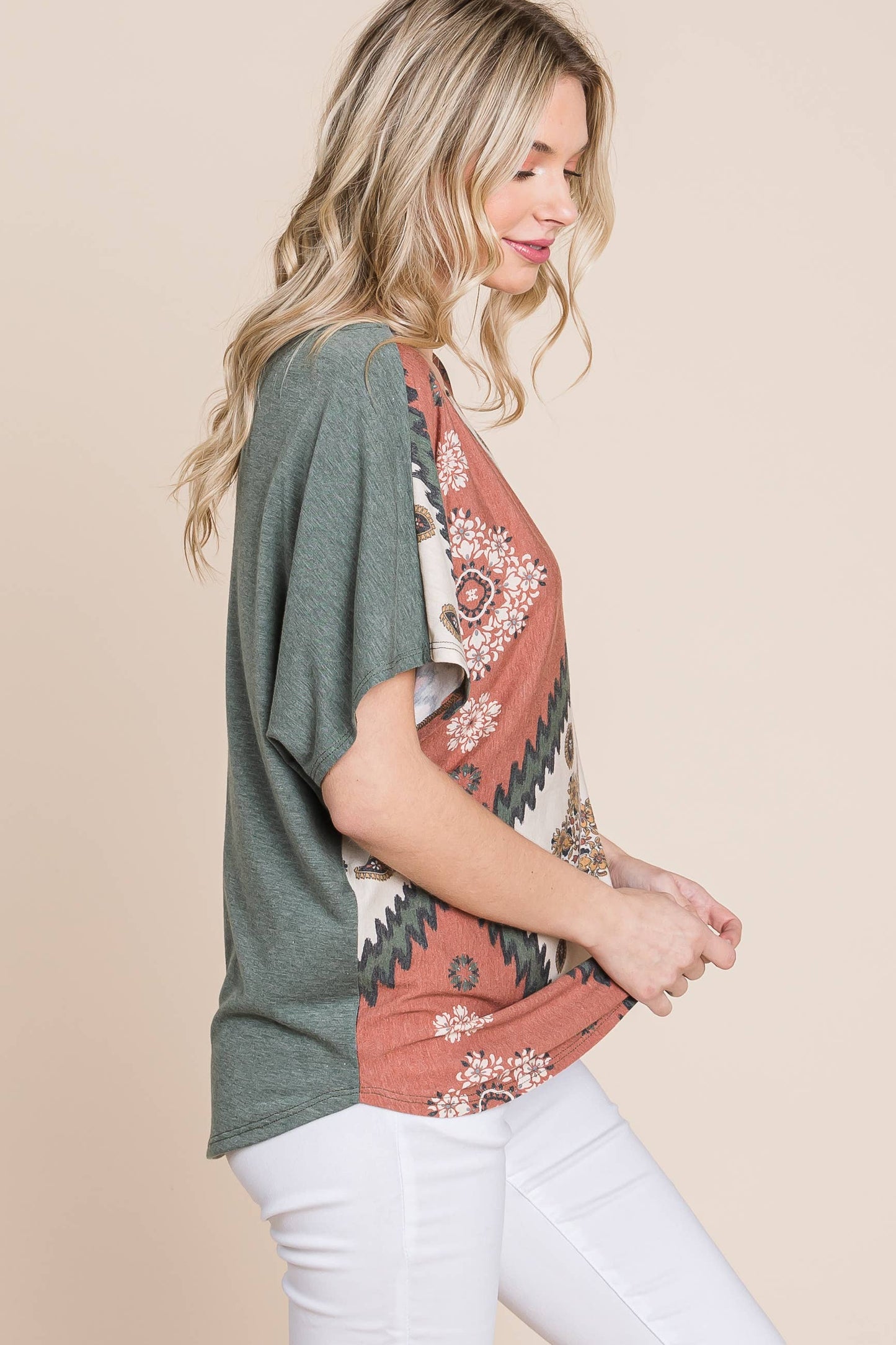 ETK-8722 Floral Chevron Off Shoulder Top
