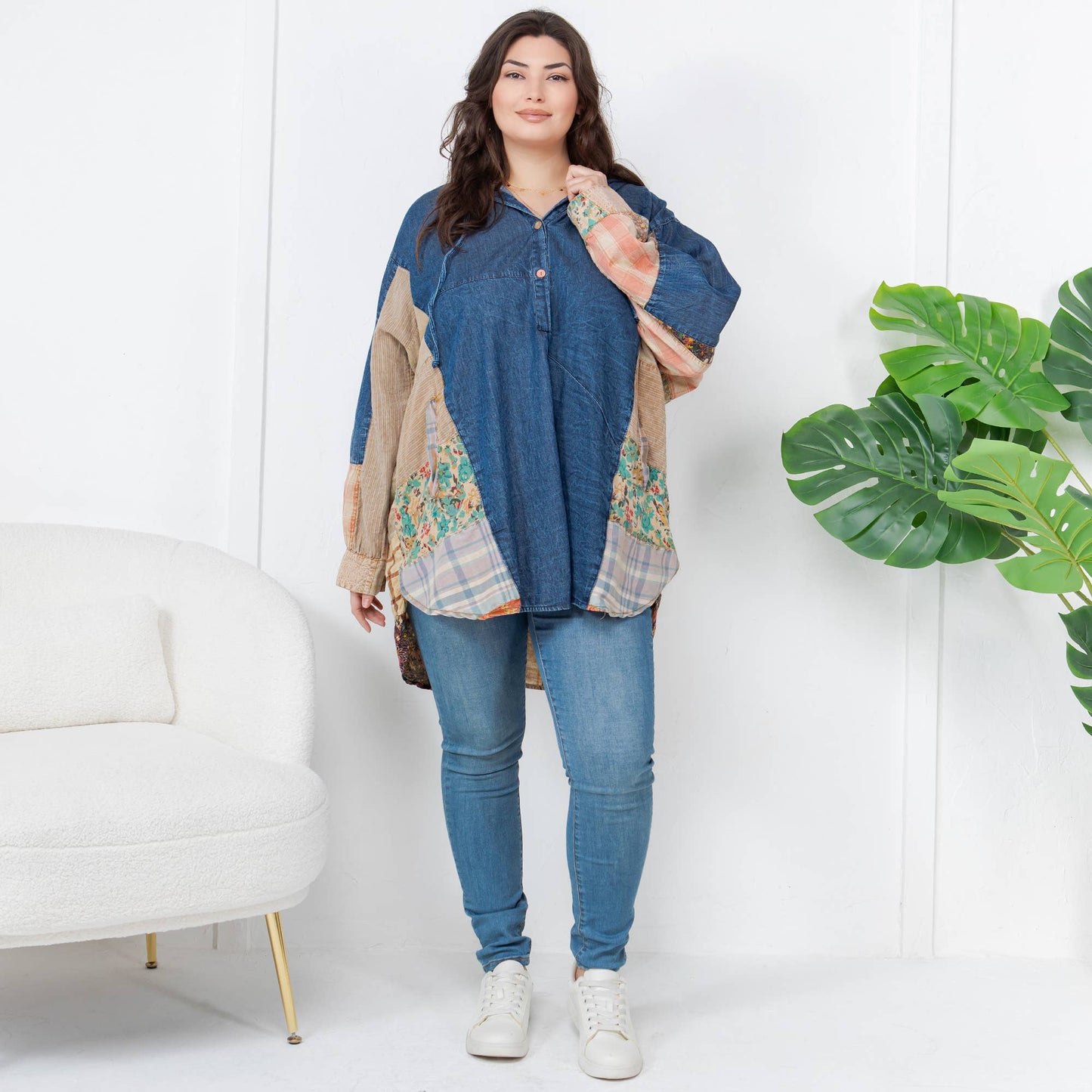 Western Boho Chic: Hooded High Low Patchwork Top