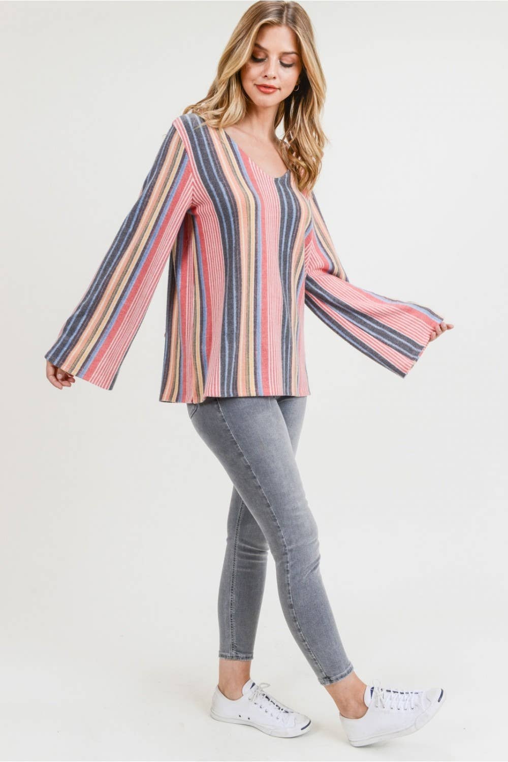 Women's Multi Stripe V-Neck Top with Bell Sleeves.