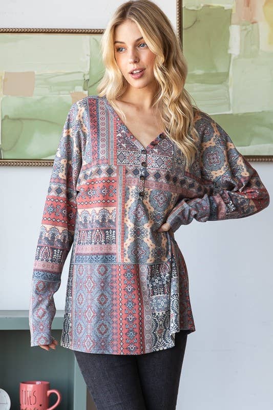 ET6835-14 LONG SLEEVE PATCHWORK PRINT TOP
