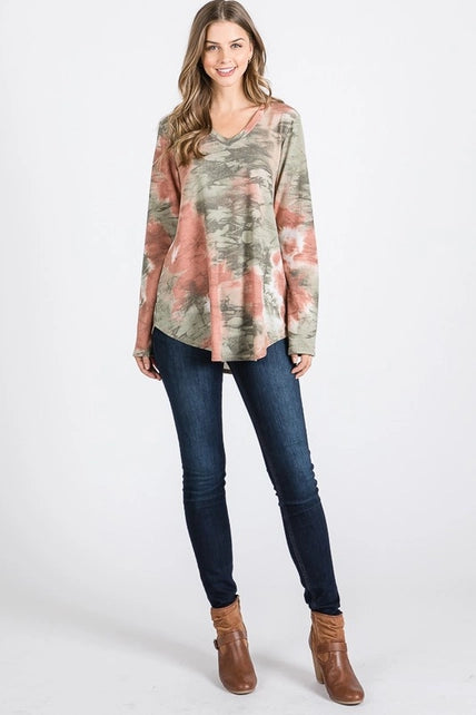 Tie Dye Long Sleeve V-Neck Top