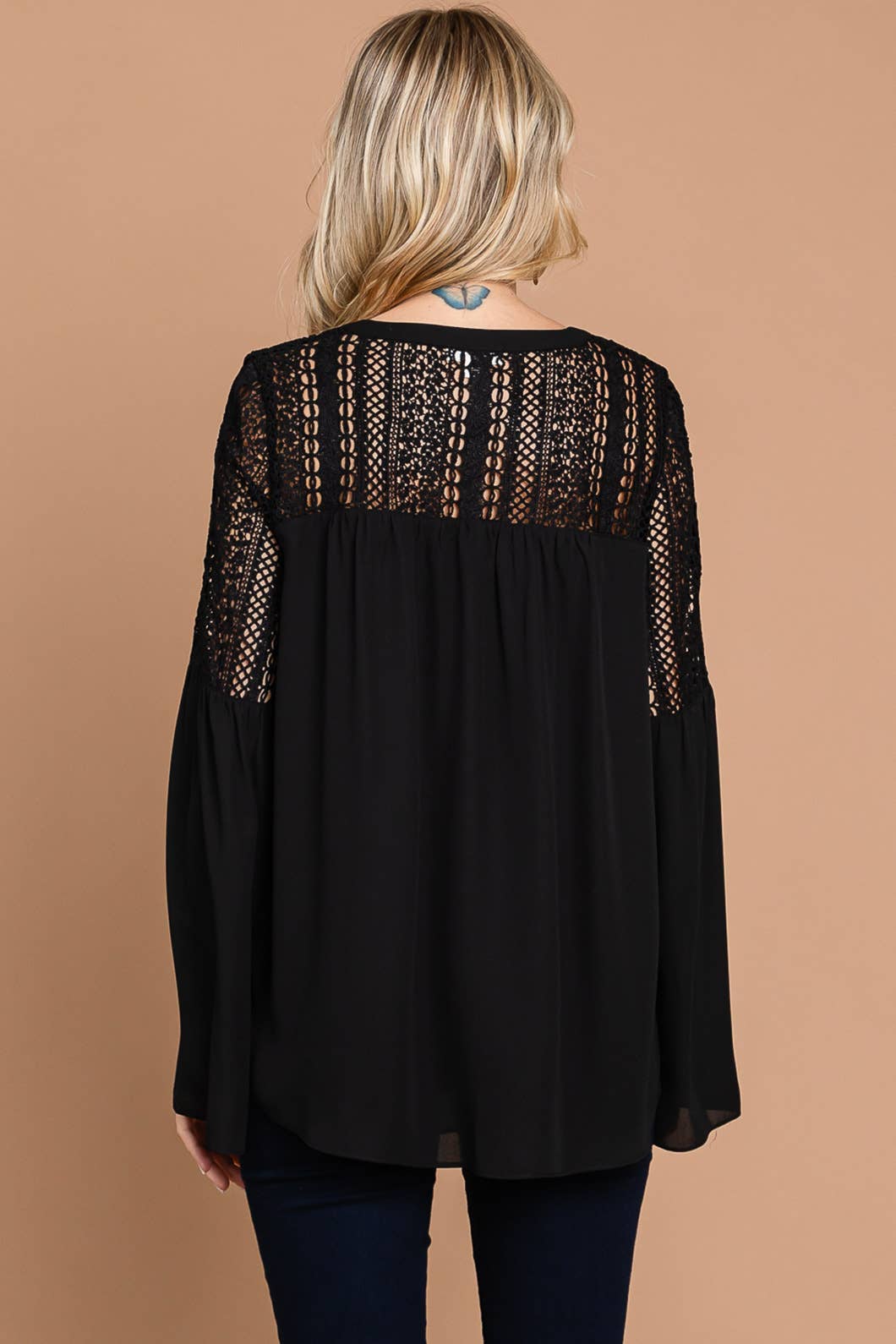Crochet Lace Contrast Bell Sleeve Top