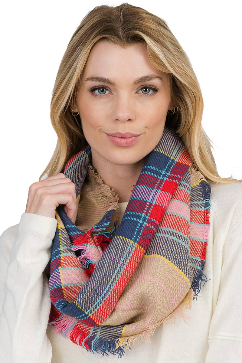 Madras Plaid Knitted Fray Trim Infinity Scarf
