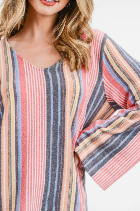 Women's Multi Stripe V-Neck Top with Bell Sleeves.