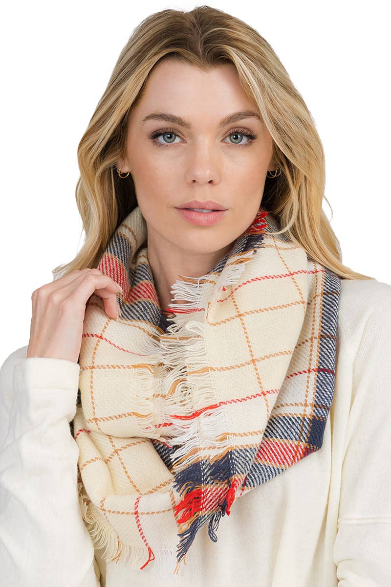 Madras Plaid Knitted Fray Trim Infinity Scarf