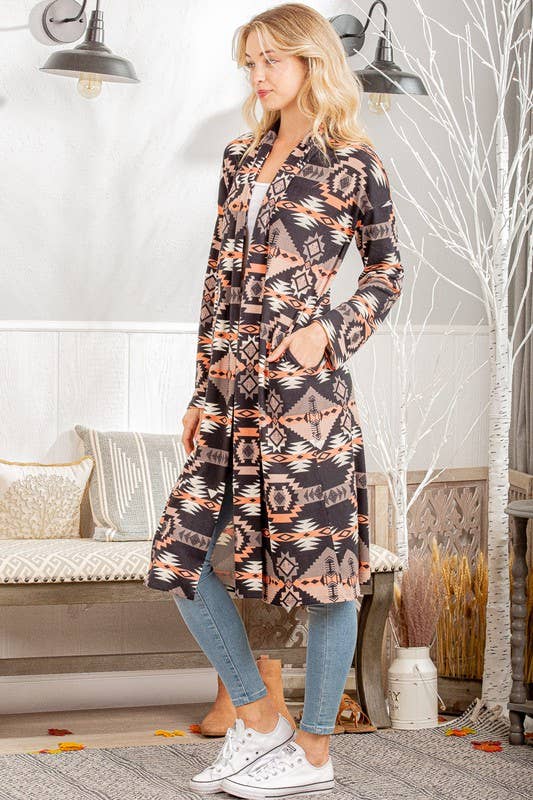EJ6403-11 AZTEC PRINT OPEN CARDIGAN
