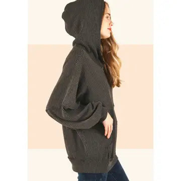 Ribbed Half Zip Hooded Top