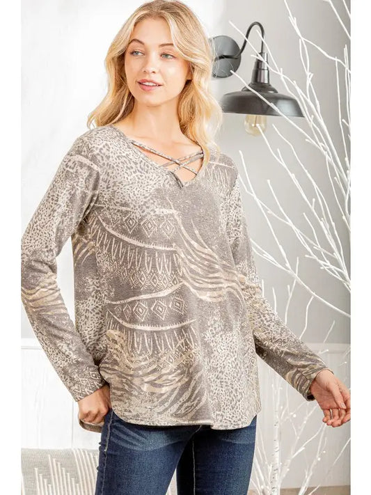 Multi Print Olive Criss Cross Neck Top