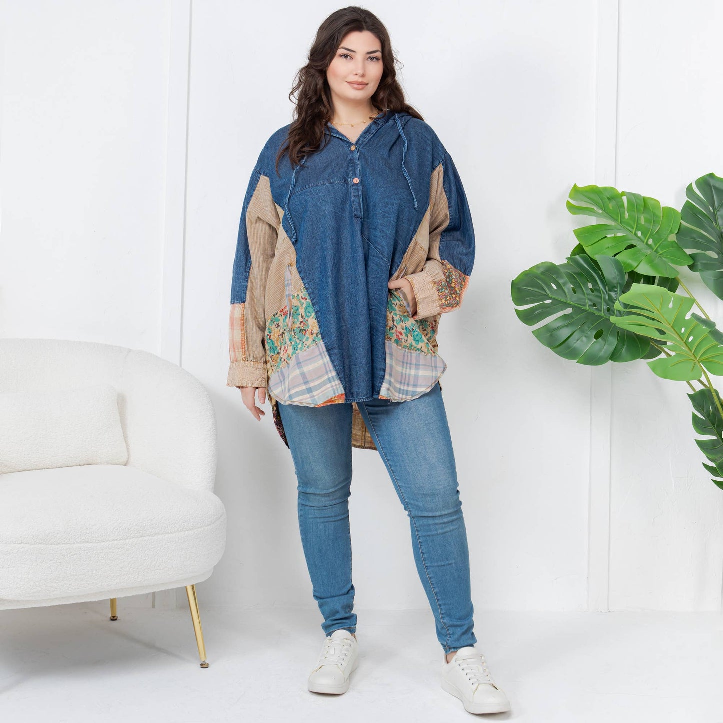 Western Boho Chic: Hooded High Low Patchwork Top