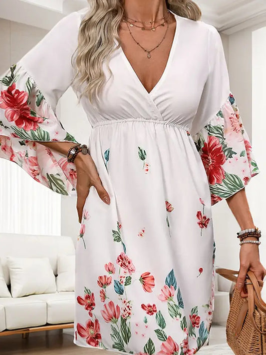 Half Sleeve Mock Wrap Floral Dress