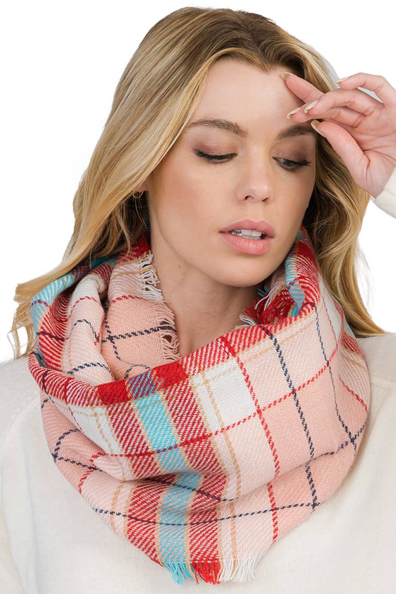 Madras Plaid Knitted Fray Trim Infinity Scarf