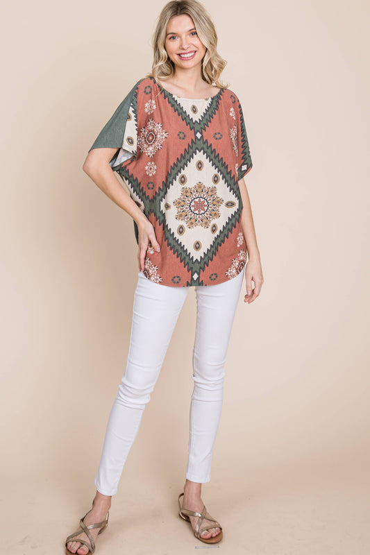 ETK-8722 Floral Chevron Off Shoulder Top