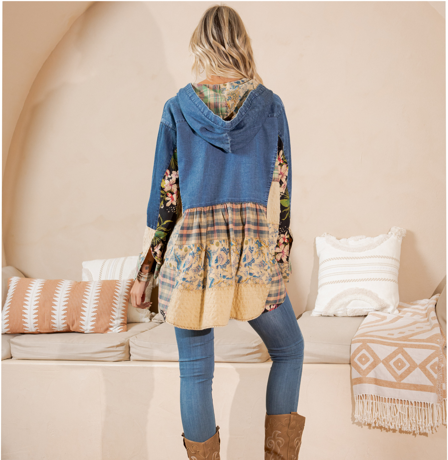 Western Boho Chic: Hooded High Low Patchwork Top
