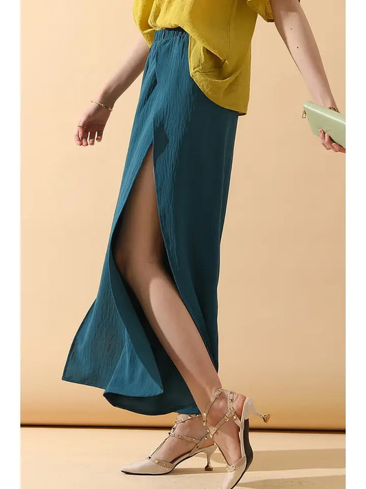 Banded Front Open Slit Leg Wide Pants