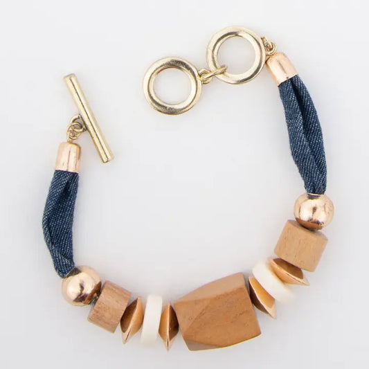 Denim and Wood Bead Bracelet