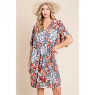 Mock Wrap Floral Print Midi Dress