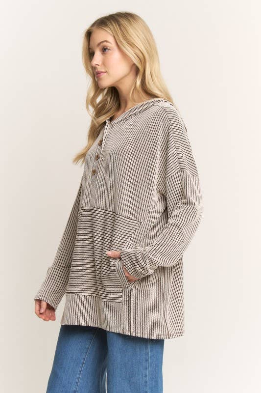 Ribbed 1/4 Button Hooded Top