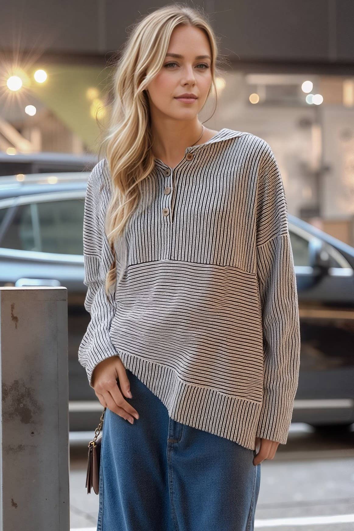 Ribbed 1/4 Button Hooded Top