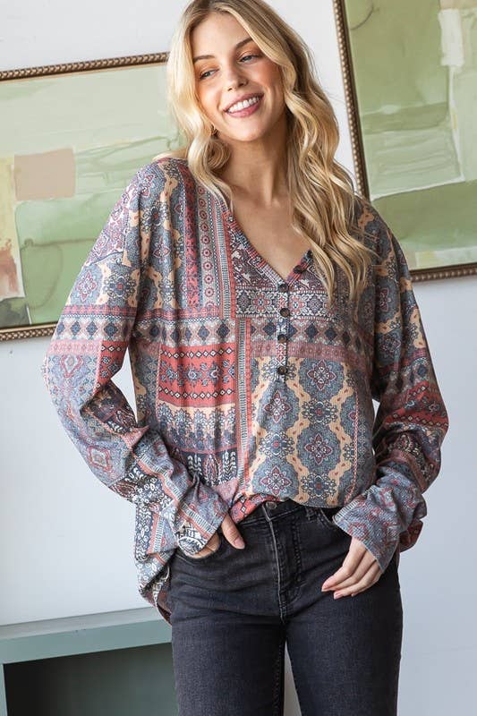 ET6835-14 LONG SLEEVE PATCHWORK PRINT TOP