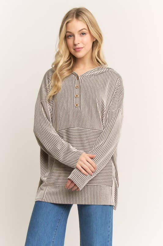 Ribbed 1/4 Button Hooded Top