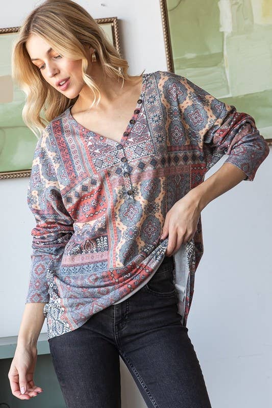 ET6835-14 LONG SLEEVE PATCHWORK PRINT TOP