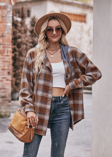 Flannel Button Up Hooded Shacket