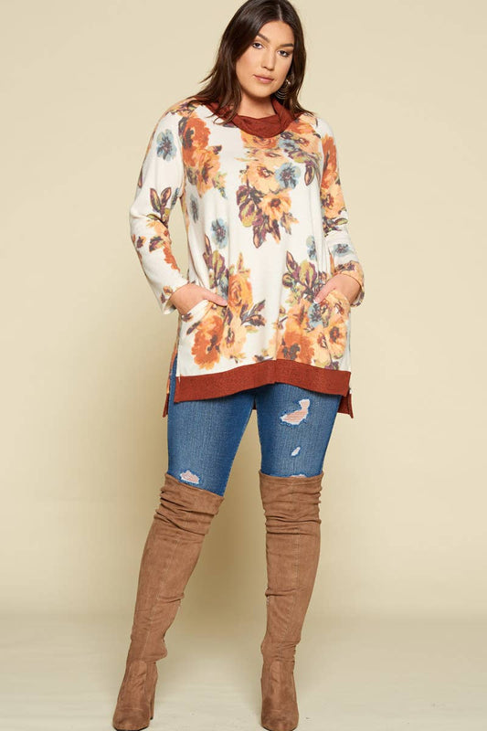 ETK-7939-PL Plus Size Floral-Print Pullover with Cowl Neck