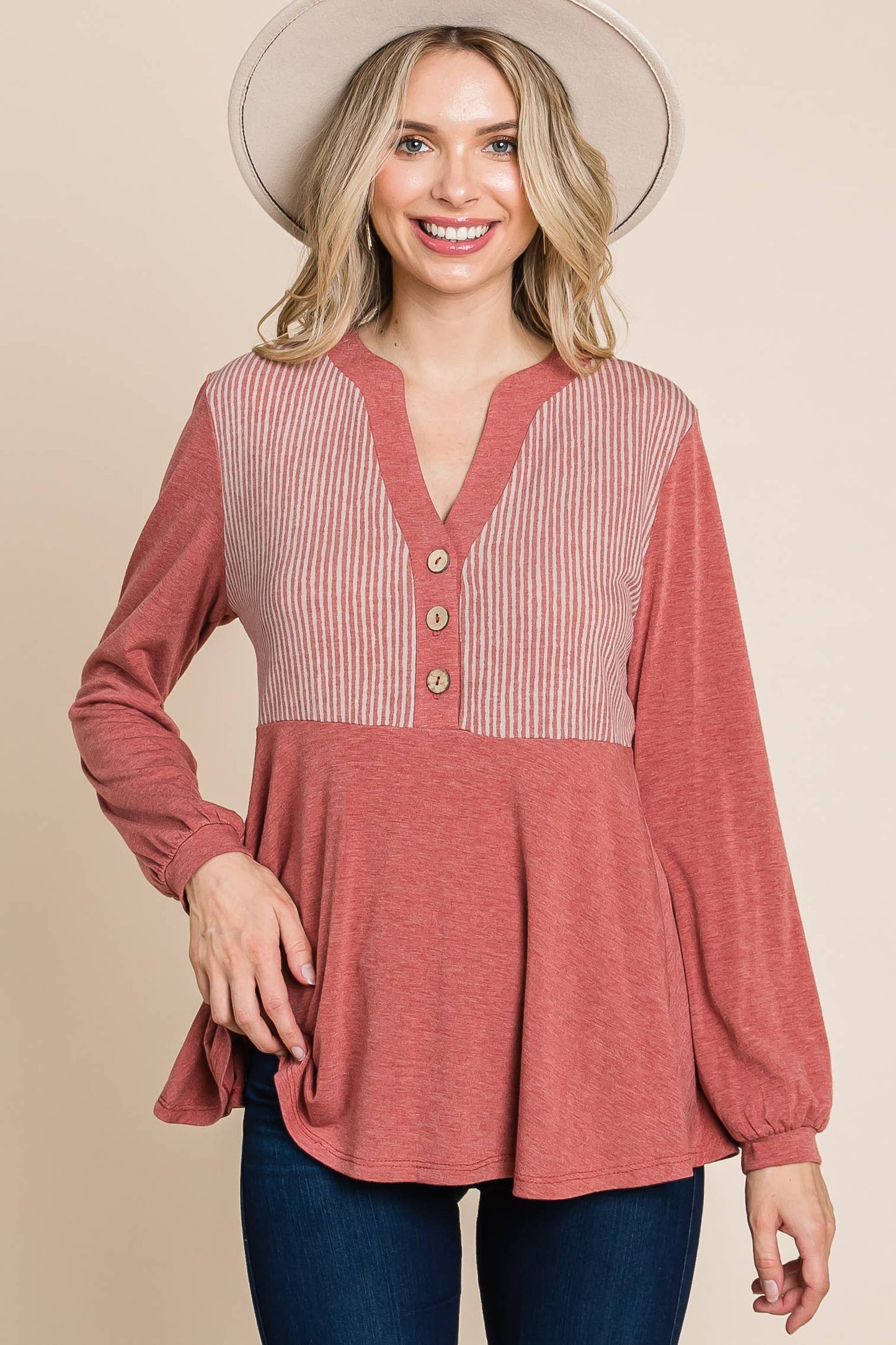 ETK-8871 Cute Solid Long Sleeve Tunic Top