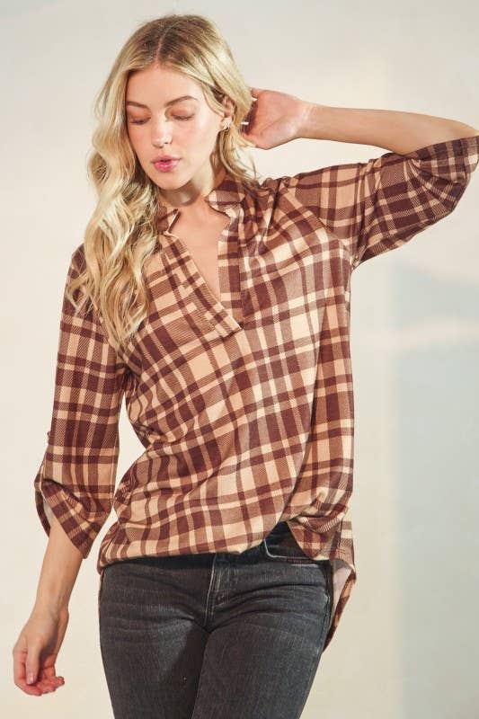 Button 3/4 Sleeve Plaid Mandarin Collar Blouse