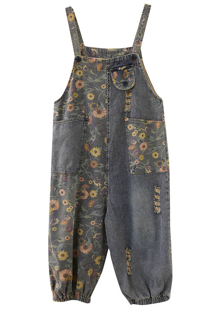 Fall Floral Distressed Denim Overalls