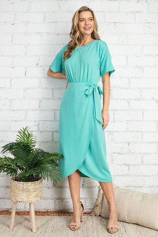 Teal French Terry Tulip Wrap Dress