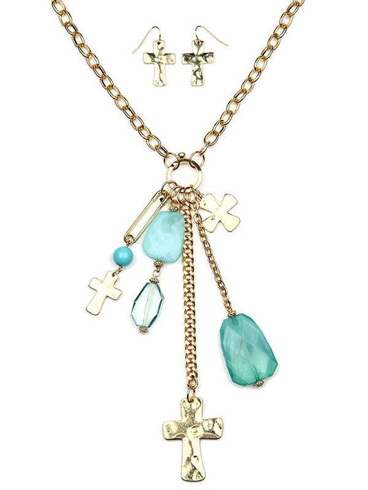CROSS AND SEMI PRECIOUS STONE NECKLACE SET