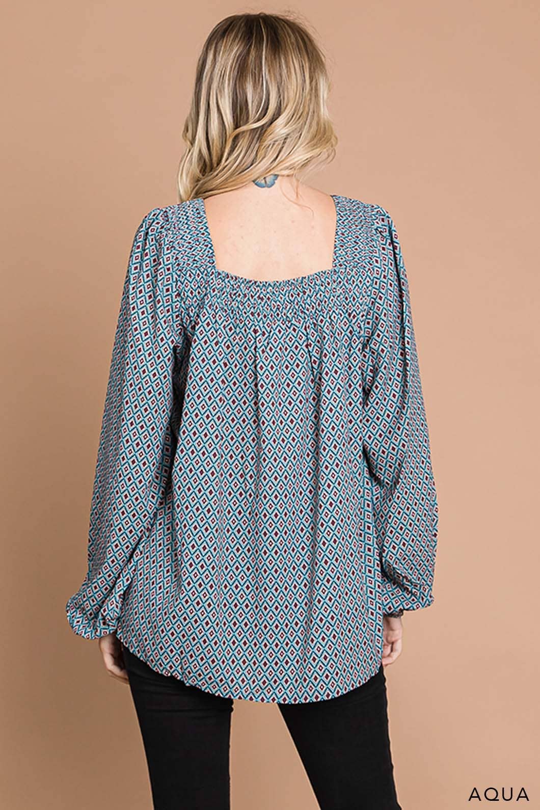 Boho Tile Print Smocking Neck Women's Top