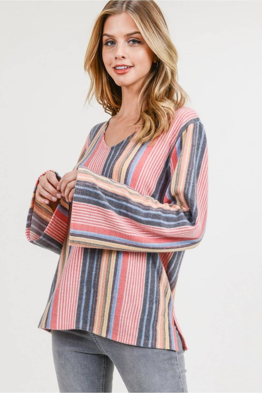 Women's Multi Stripe V-Neck Top with Bell Sleeves.