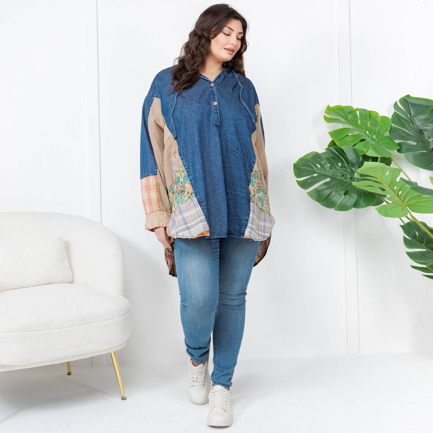 Western Boho Chic: Hooded High Low Patchwork Top