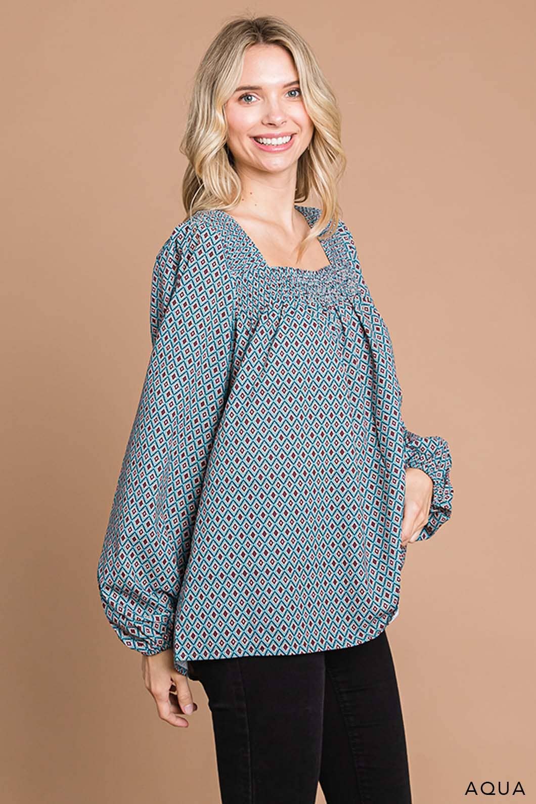 Boho Tile Print Smocking Neck Women's Top