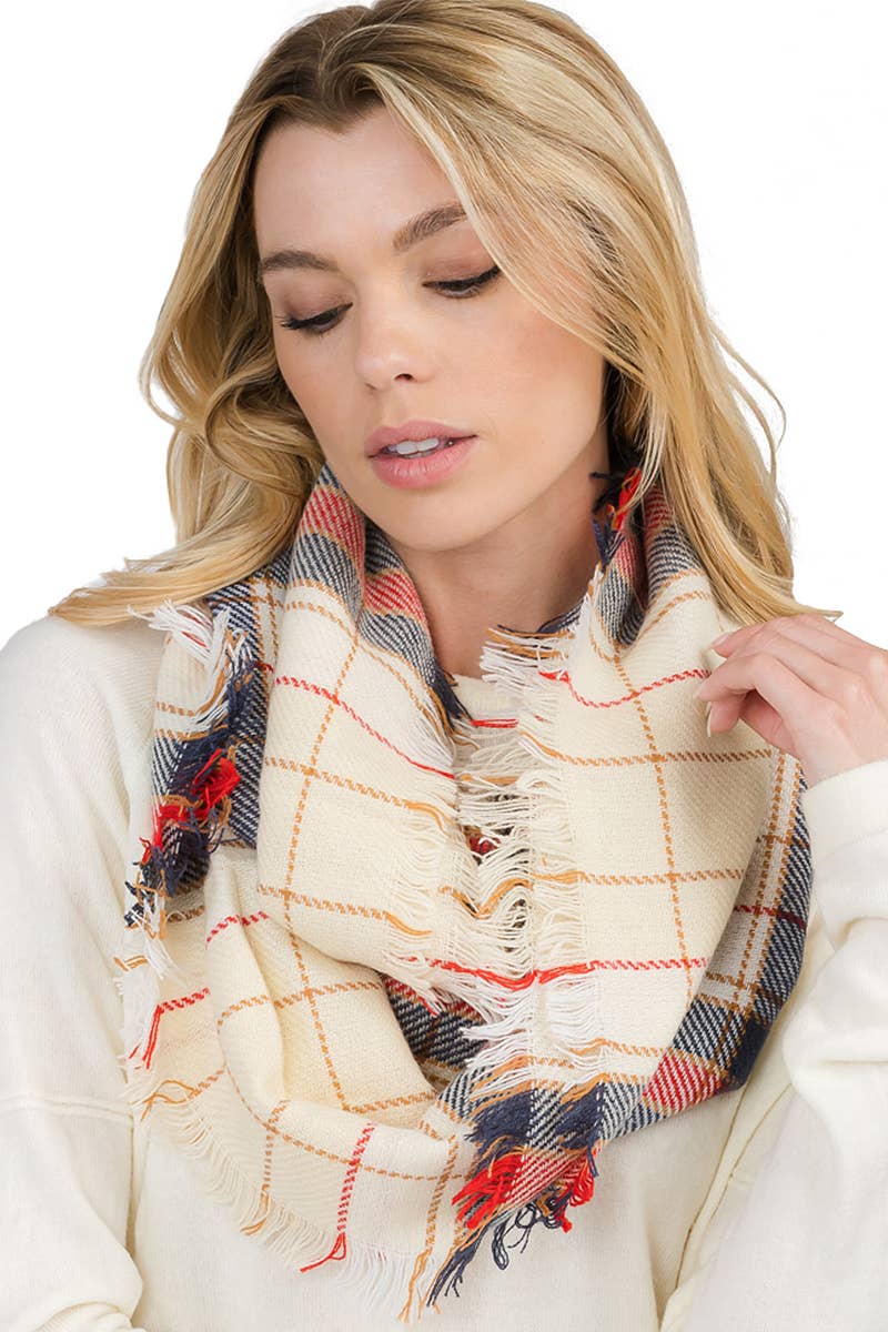 Madras Plaid Knitted Fray Trim Infinity Scarf