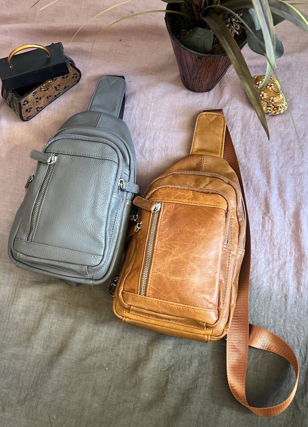 Cowhide Leather Sling Bag with Adjustable Strap