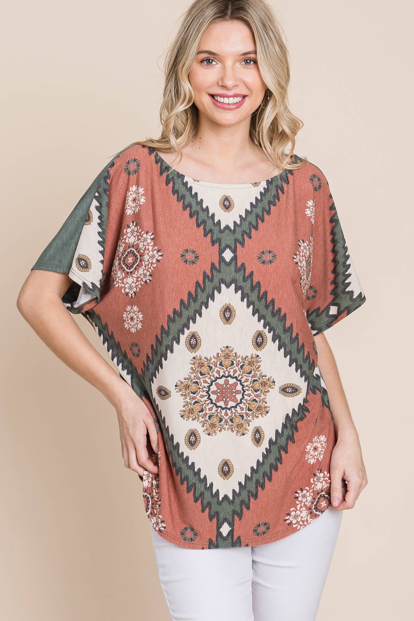 ETK-8722 Floral Chevron Off Shoulder Top
