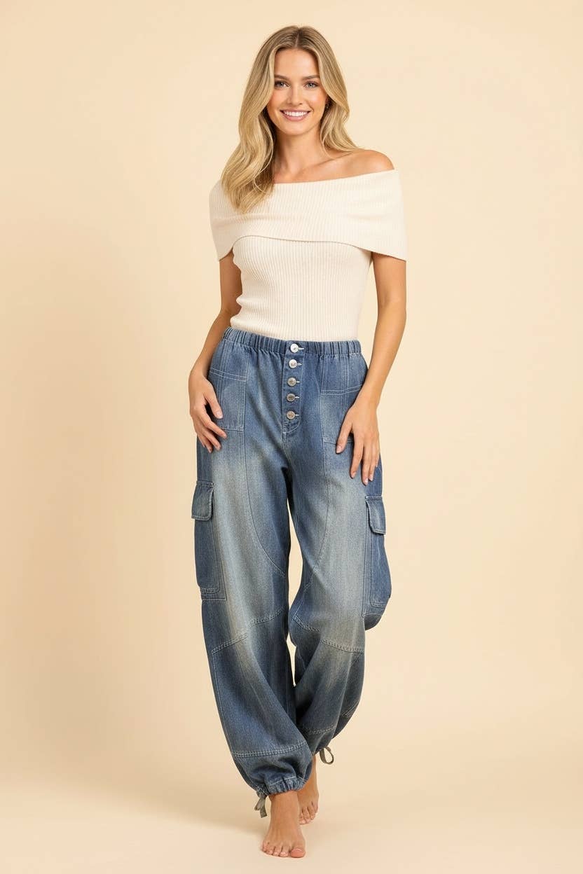 High Rise Cargo Jogger Jeans with Cinched Ankle Ties