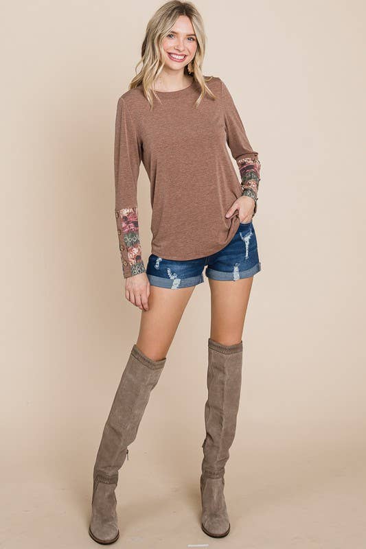 ETK-8592 Tie Dye Button Sleeves Contrast Top