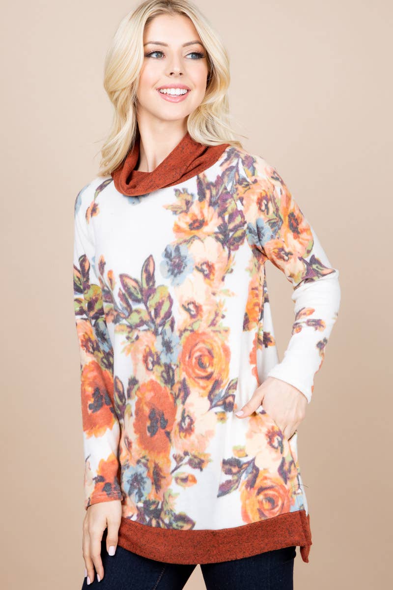 ETK-7939 Floral Print Pullover with Cowl Neck