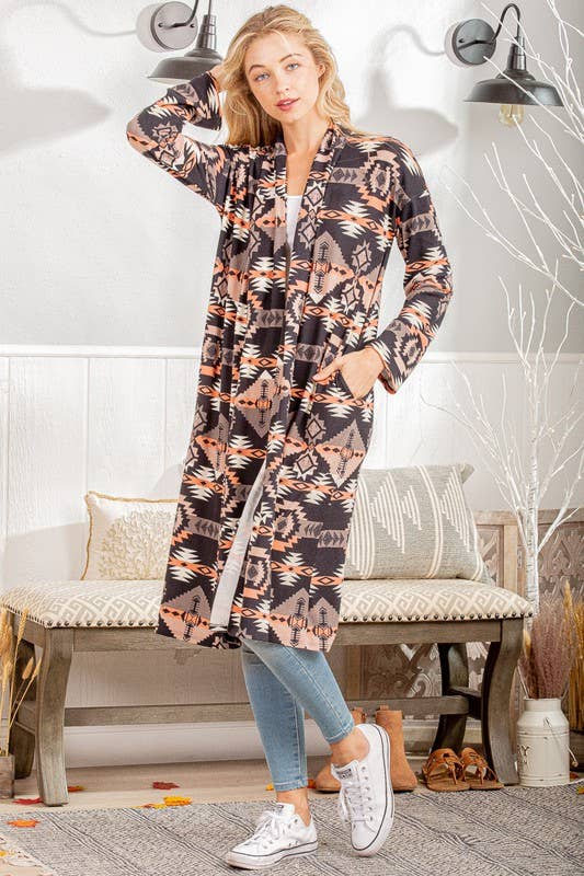 EJ6403-11 AZTEC PRINT OPEN CARDIGAN
