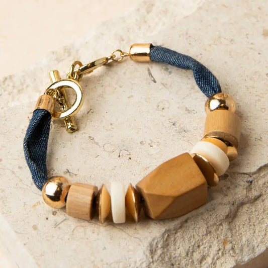 Denim and Wood Bead Bracelet