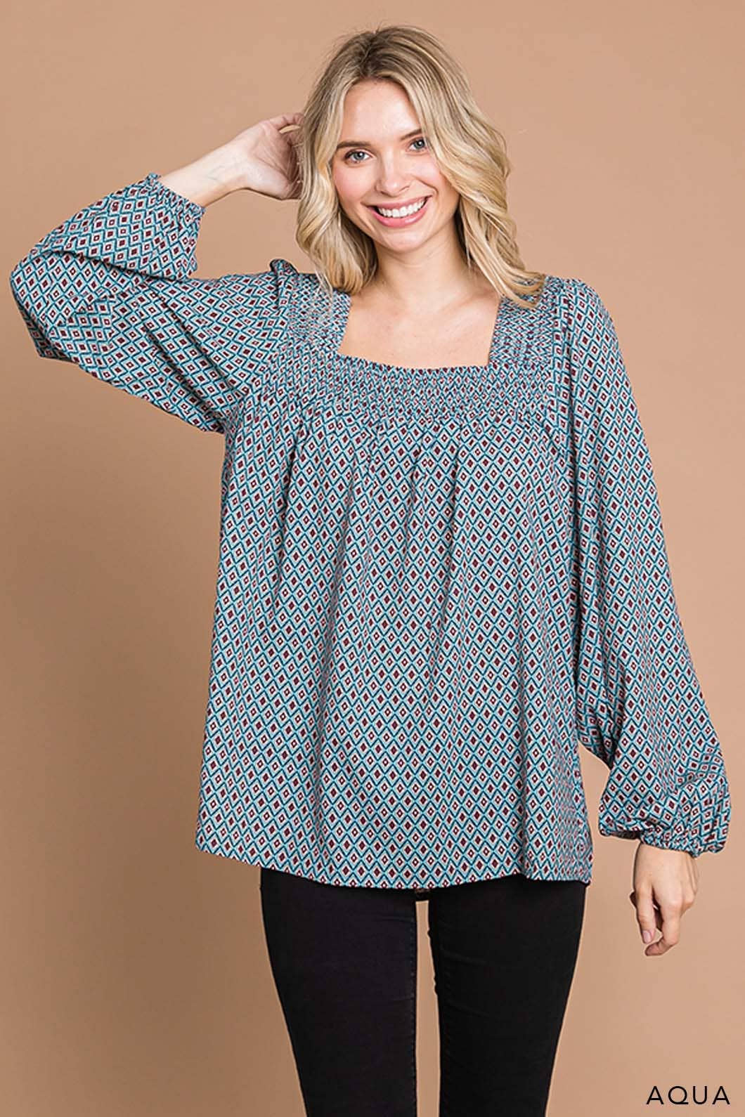 Boho Tile Print Smocking Neck Women's Top